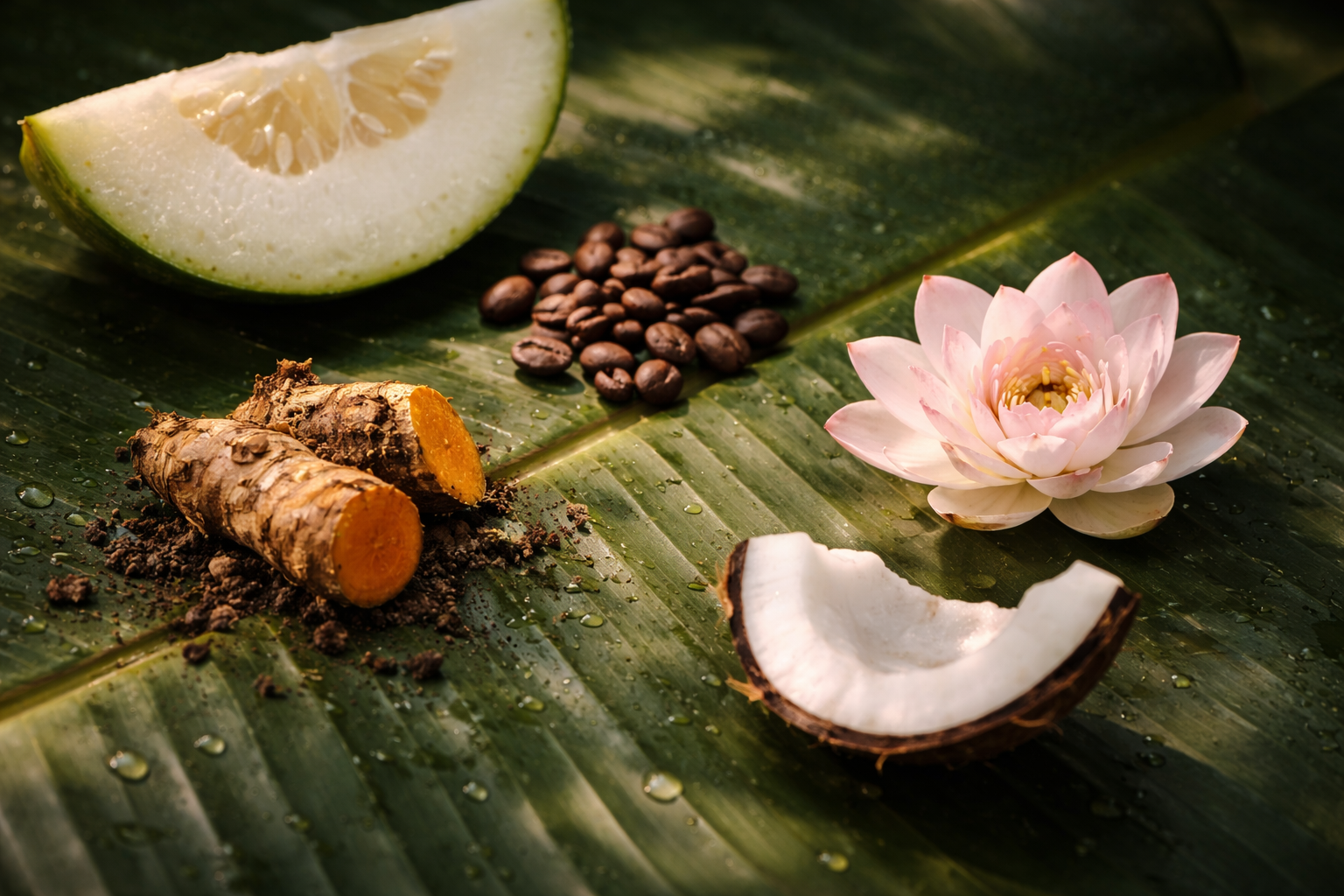 Vietnamese skincare ingredients winter melon, turmeric root, lotus flower, coffee beans, coconut — the source ingredients behind Cocoon Vietnam's product lines