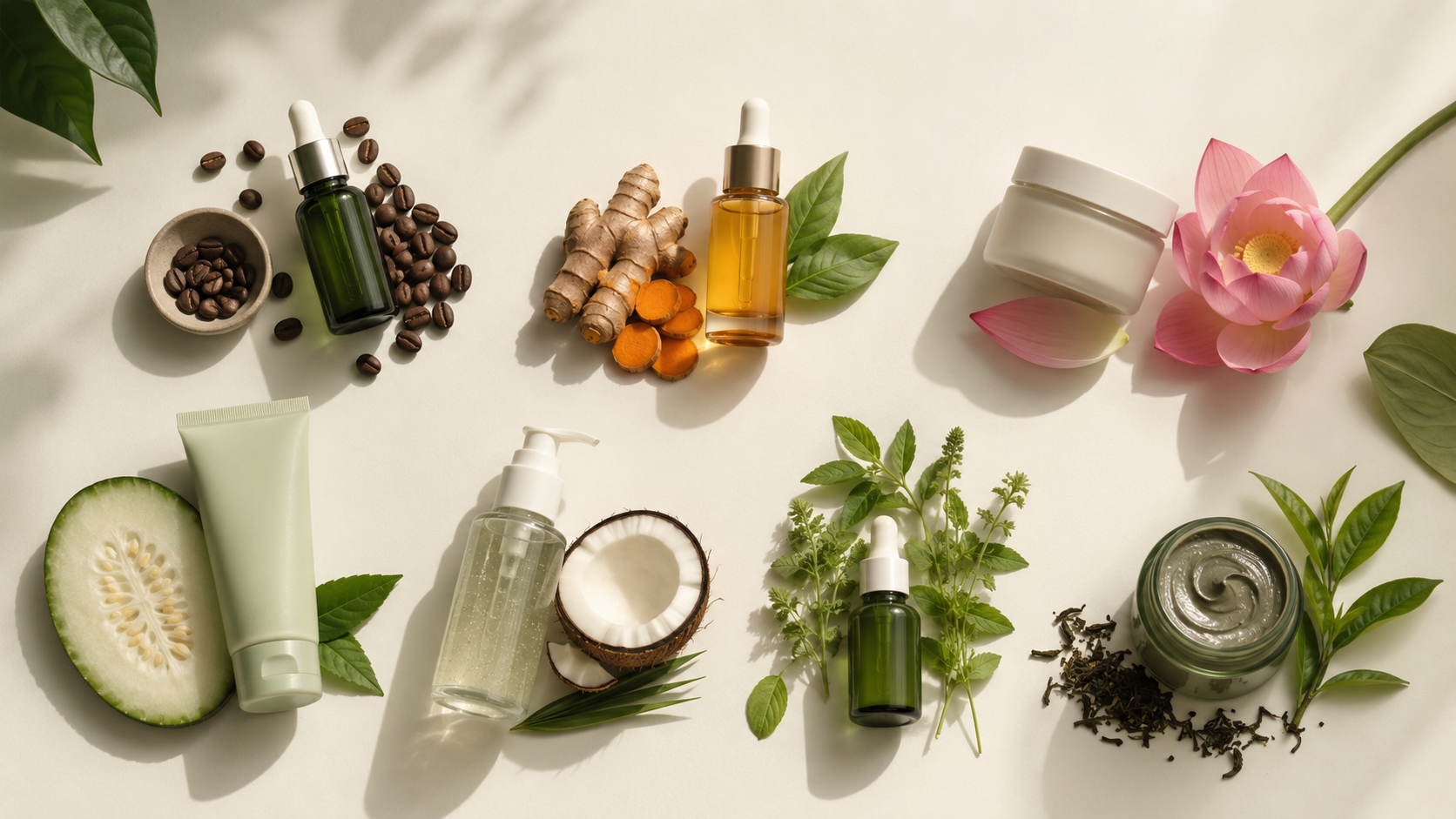 best Vietnamese skincare brands and the products to try from each — flat lay with coffee, turmeric, lotus and winter melon ingredients