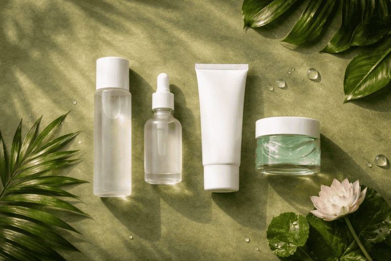 skincare routine tropical weather — minimalist products with tropical leaves and humidity