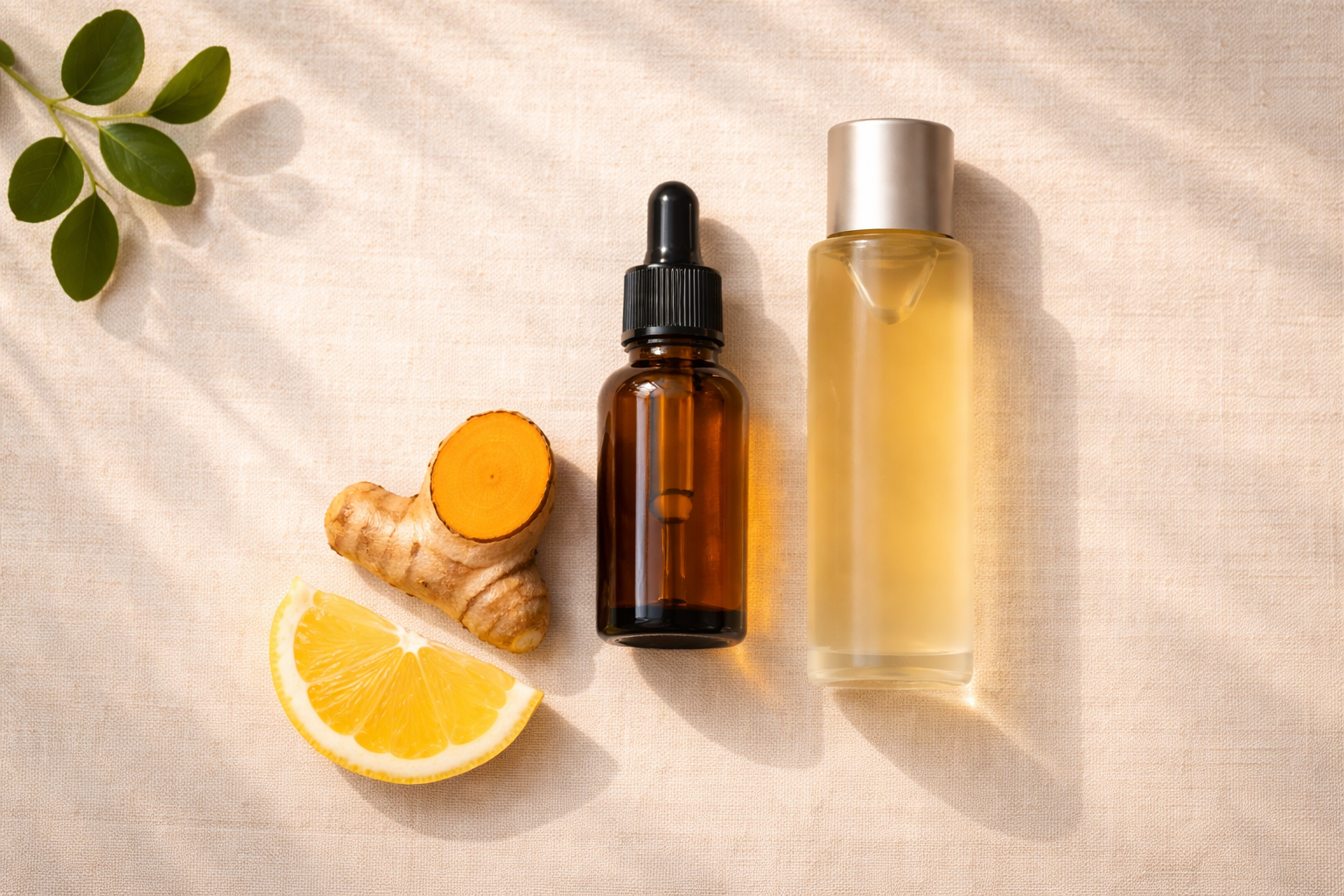 serum dropper bottle and a toner bottle, both in amber or frosted glass