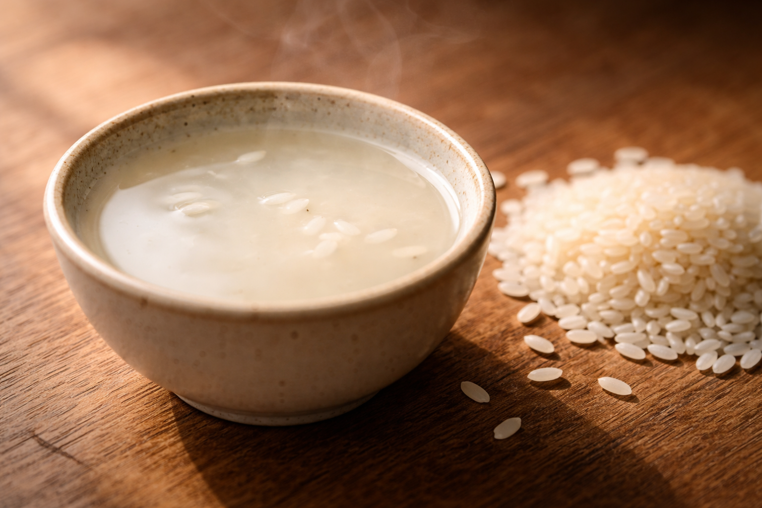 Small ceramic bowl filled with cloudy milky rice water