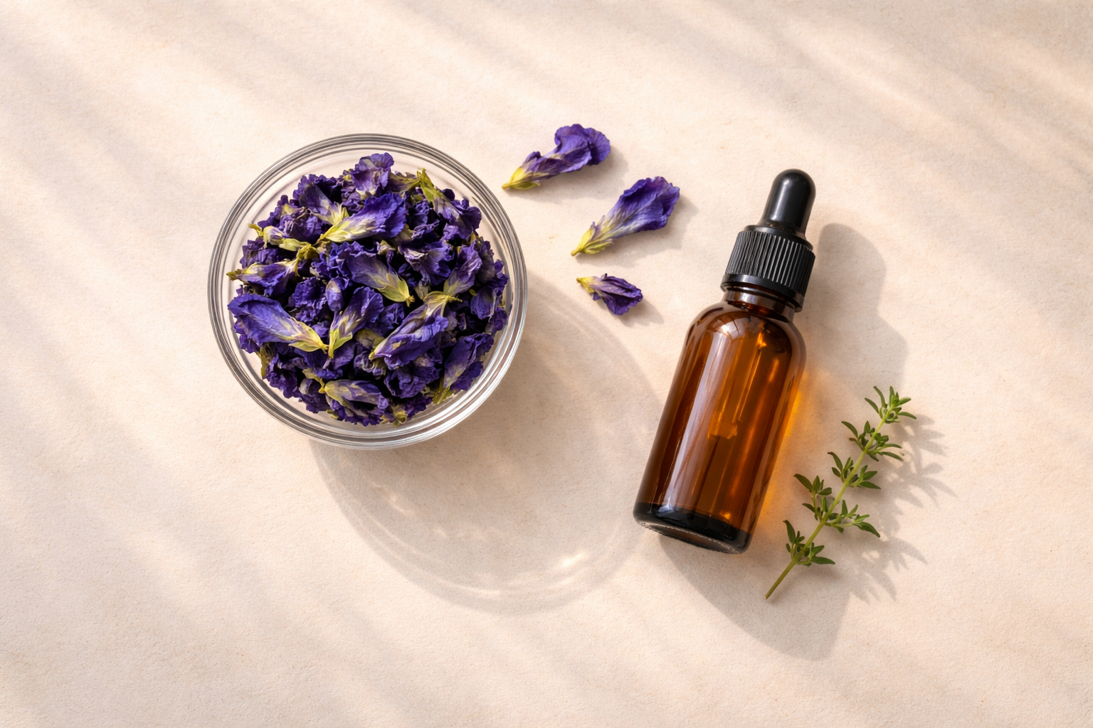 small glass bowl filled with dried vivid indigo-blue butterfly pea flowers