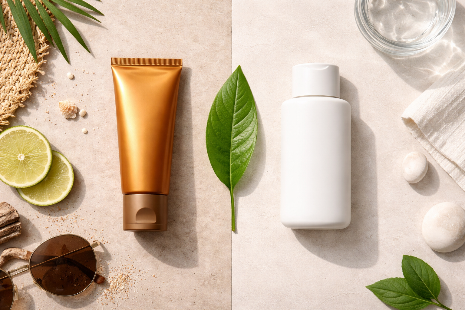Two distinct skincare product groups side by side