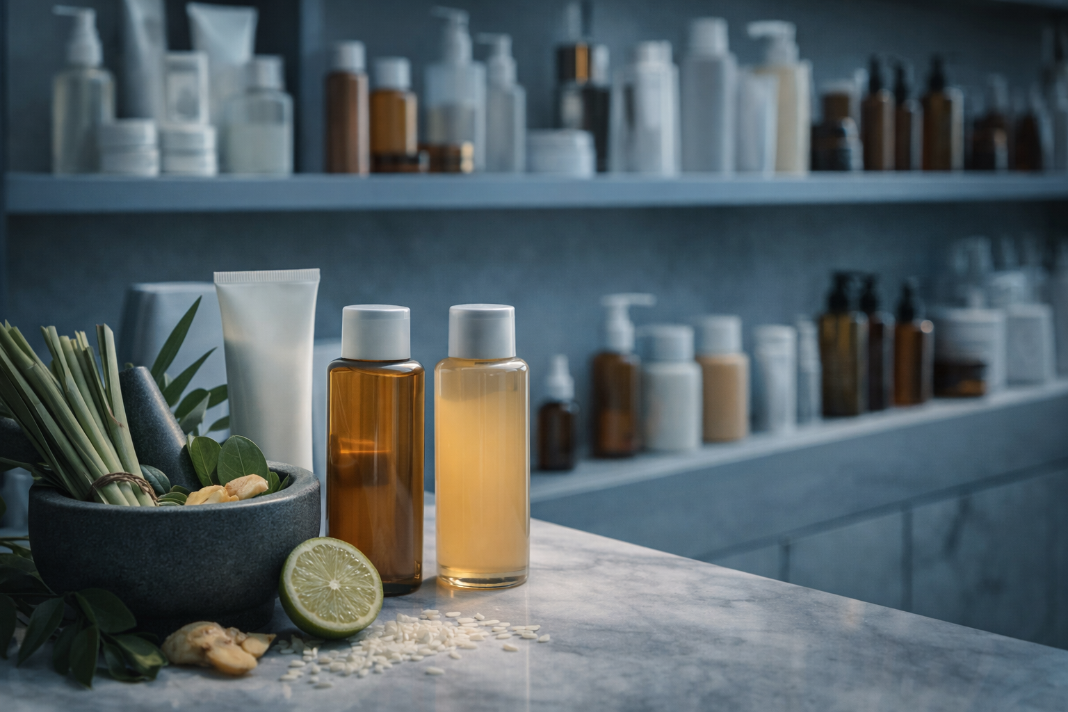 Vietnamese herbal ingredients alongside modern skincare products - V-beauty market analysis