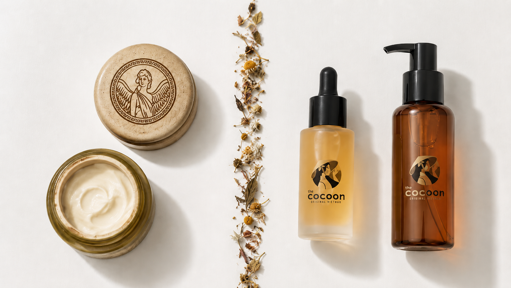 Traditional Vietnamese skincare packaging versus modern minimalist Vietnamese beauty products - Thorakao and Cocoon compared