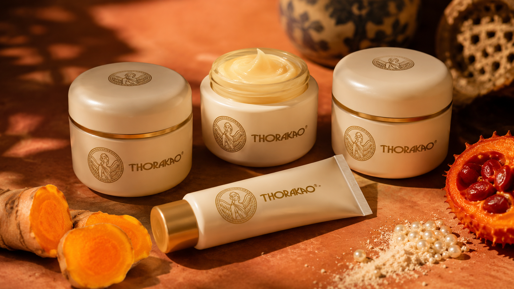 Thorakao cream jars with turmeric, gac fruit and pearl powder - key ingredients in Vietnam's oldest cosmetics brand