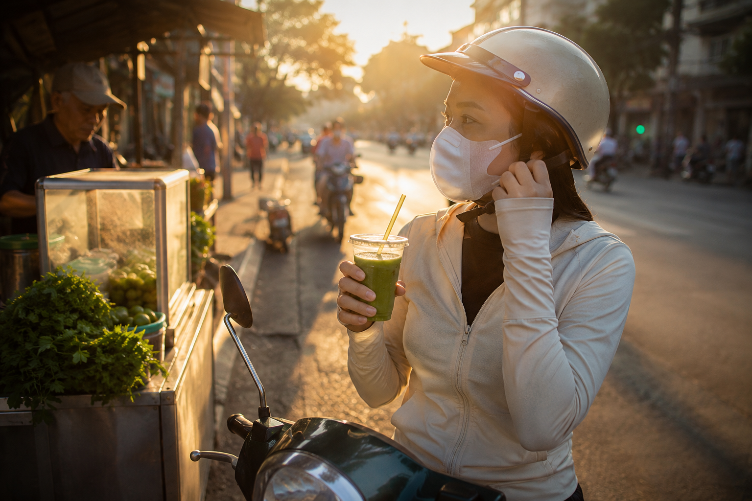 Vietnamese woman on motorbike with UV protection and rau ma juice - daily sun protection culture in Vietnam
