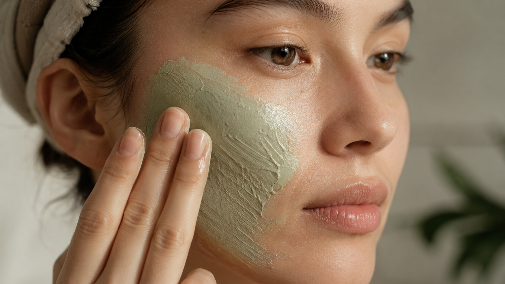 Applying a green clay mask - Vietnamese tea tree clay mask in use