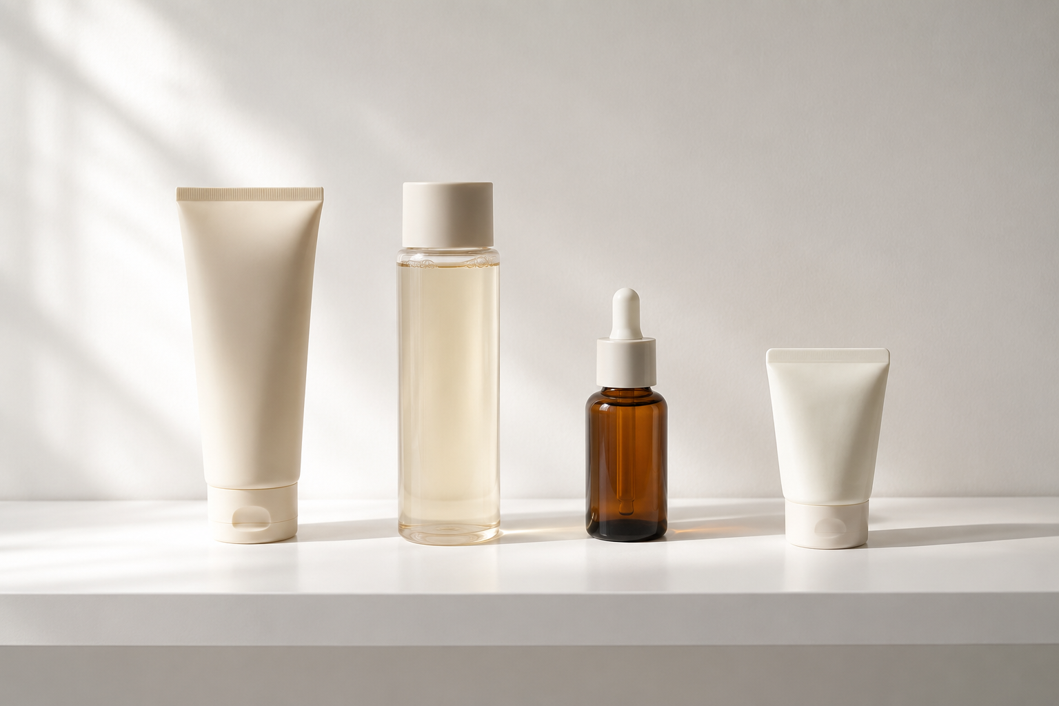 Four skincare products on bathroom shelf - streamlined Korean routine for tropical climate