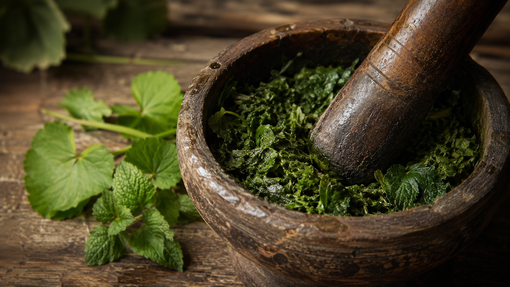 Fresh Vietnamese herbs crushed in a mortar - the Thuốc Nam preparation method
