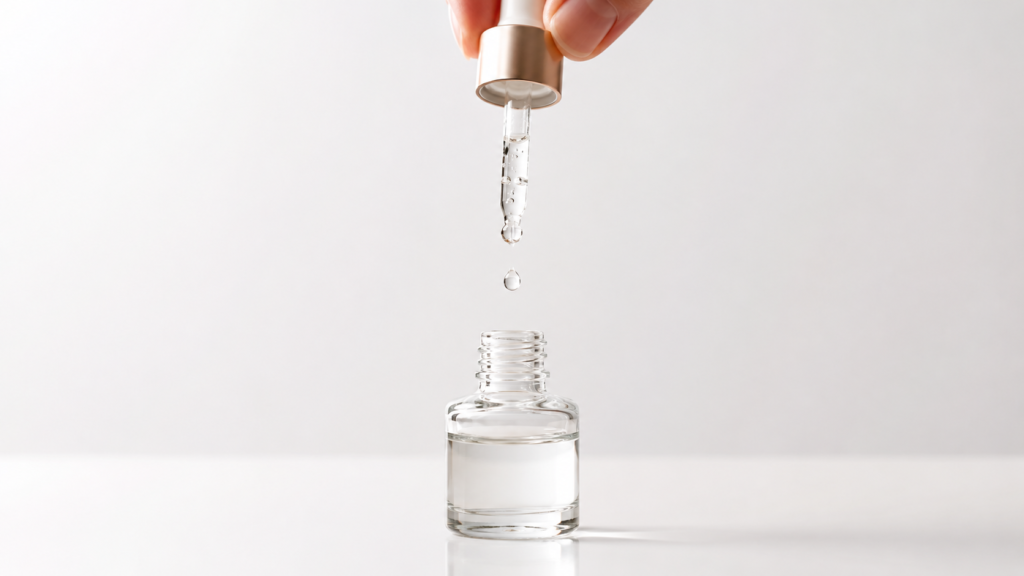 Niacinamide serum drop falling from dropper — active ingredient in Vietnamese skincare