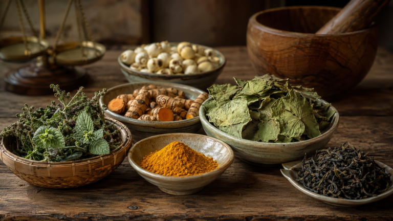 Traditional Vietnamese herbal medicine ingredients - centella, turmeric, fish mint and lotus