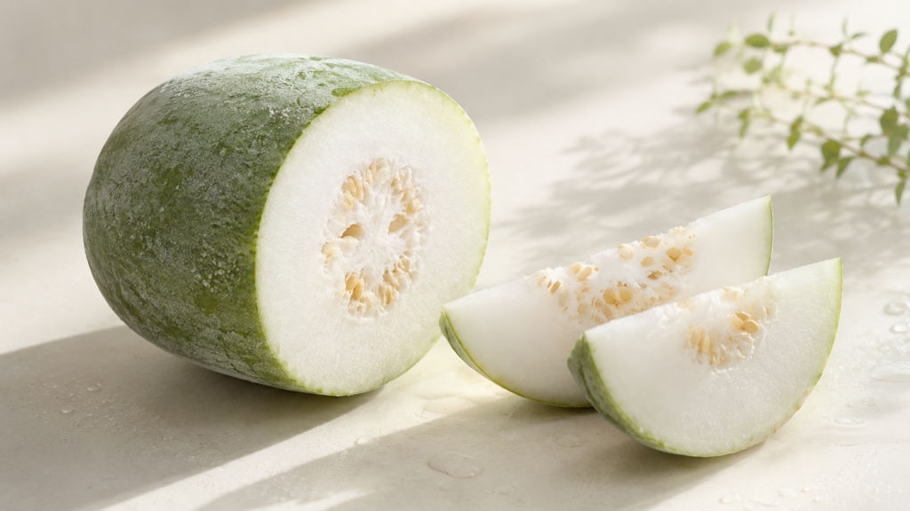 Winter melon slices with water droplets - cooling hydration for tropical skin