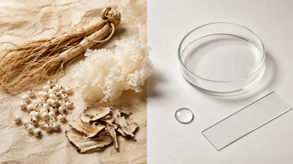 Chinese skincare routine ingredients — ginseng, snow fungus, pearls and licorice root shown beside clinical lab tools