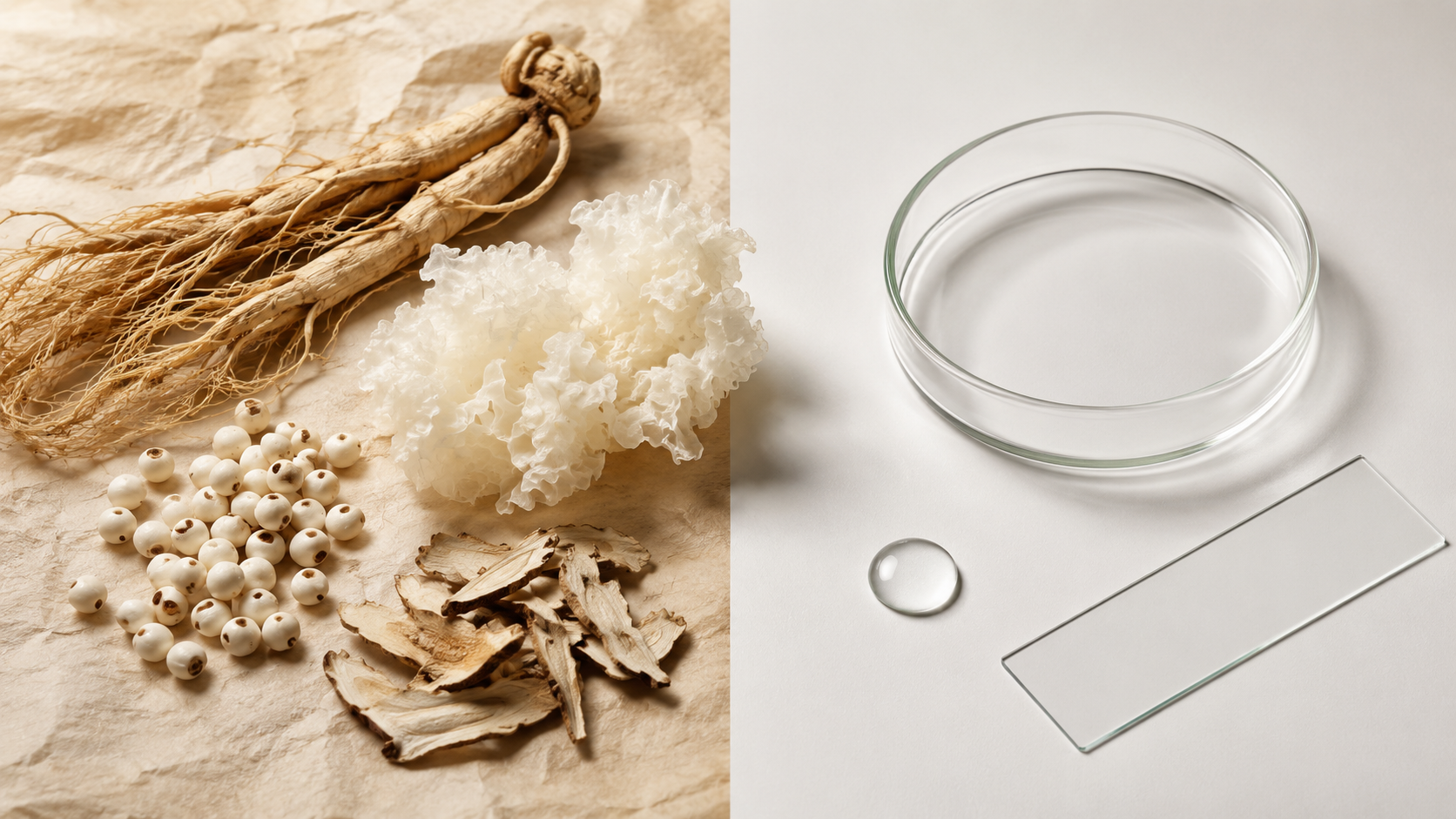 Chinese skincare routine ingredients — ginseng, snow fungus, pearls and licorice root shown beside clinical lab tools