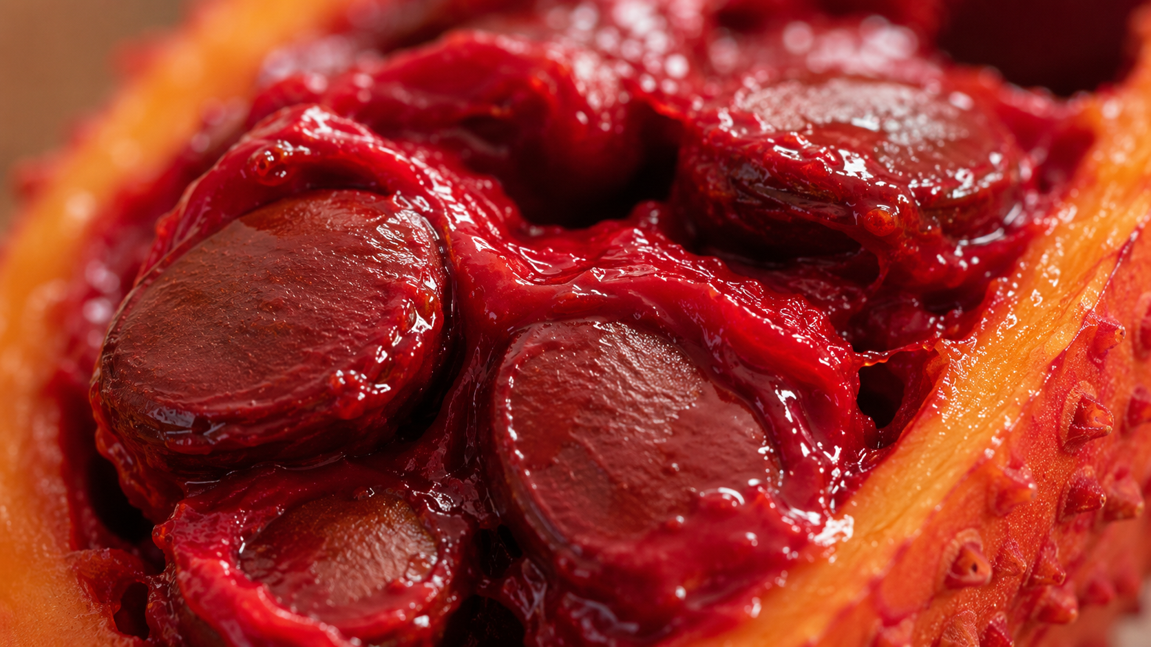 Close-up of gac fruit's red oily aril - the carotenoid-rich part of the fruit