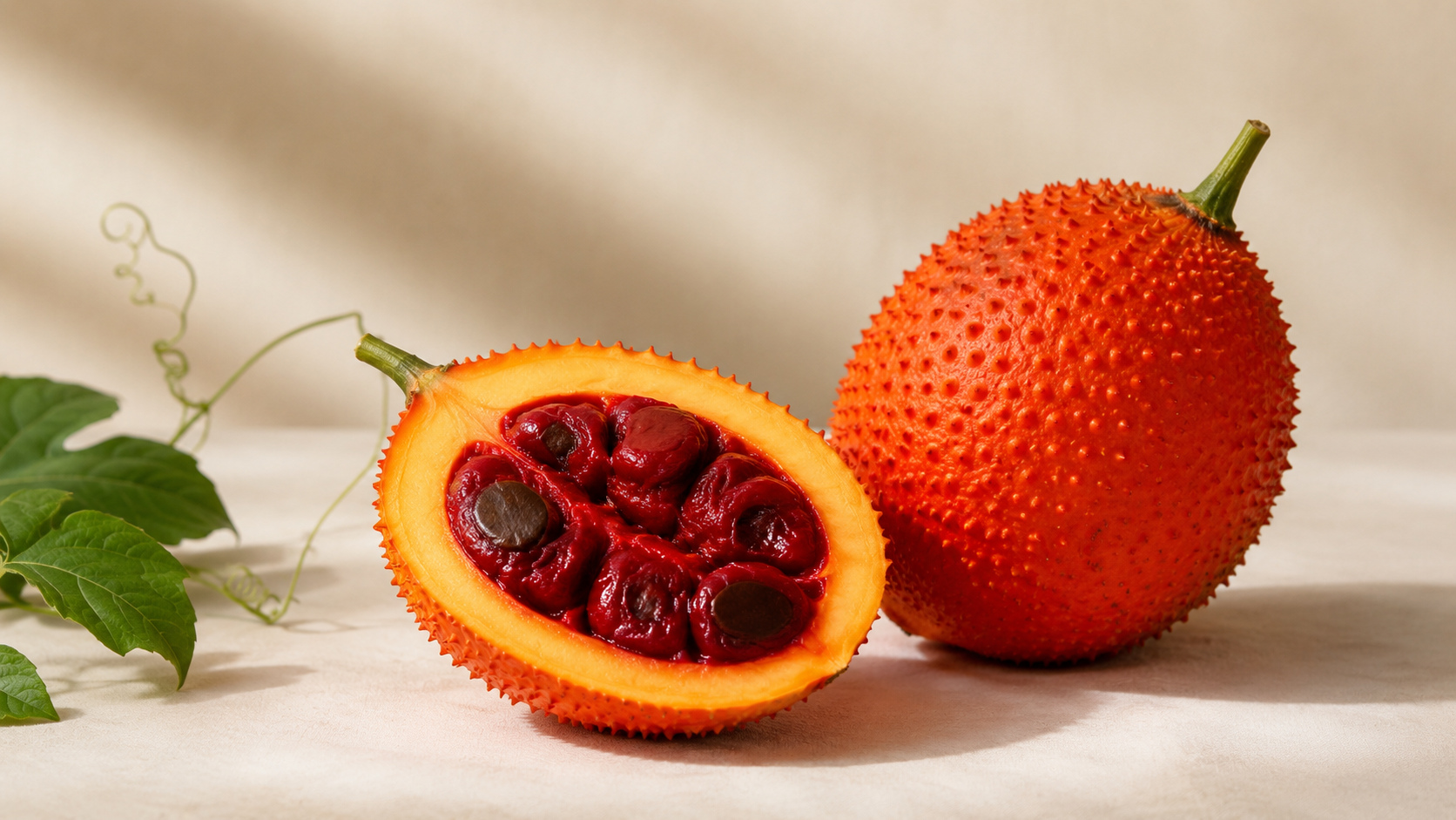 Gac fruit cut open showing deep red carotenoid-rich aril - Momordica cochinchinensis