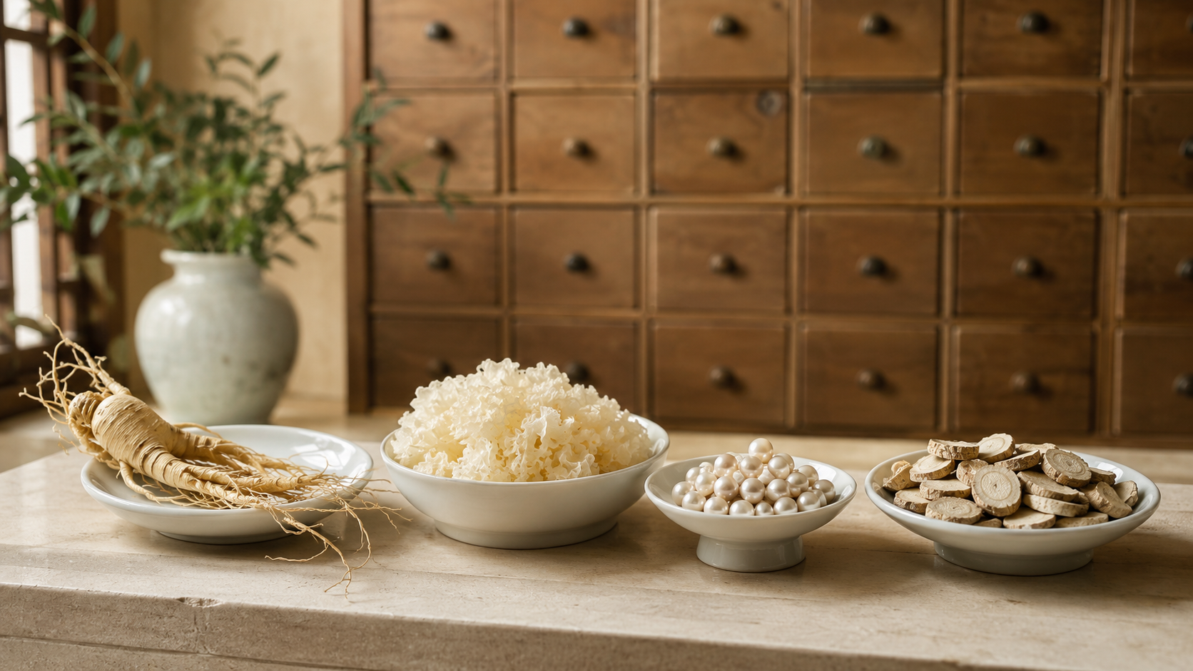 Traditional Chinese herbal apothecary with ginseng, snow fungus and licorice root in porcelain dishes — TCM skincare ingredients