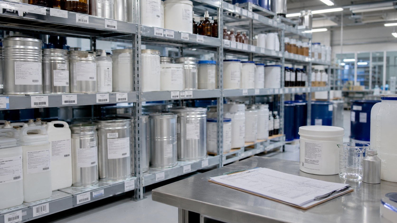 Labelled ingredient drums on warehouse shelving - Indonesia halal cosmetics supply chain traceability
