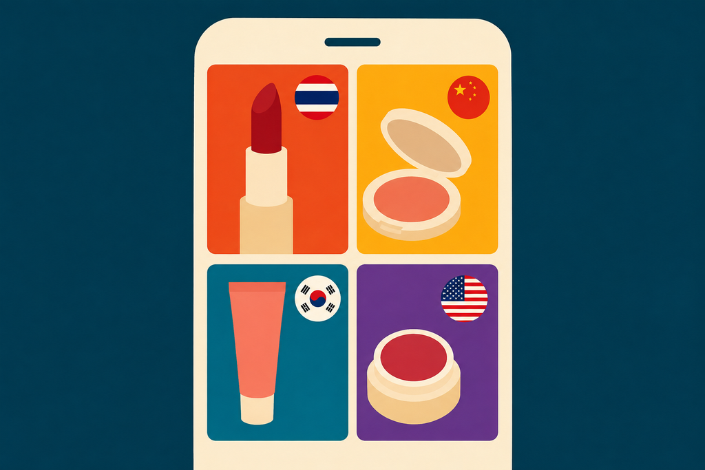 Bold poster of a shopping app grid with Thai, Chinese, Korean, and US flags - brands often mistaken for Vietnamese.