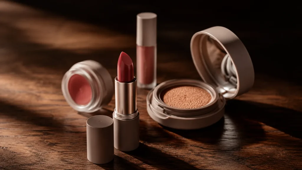 Lipsticks and an open cushion compact on dark wood in hard morning light, representing Vietnamese makeup brands.