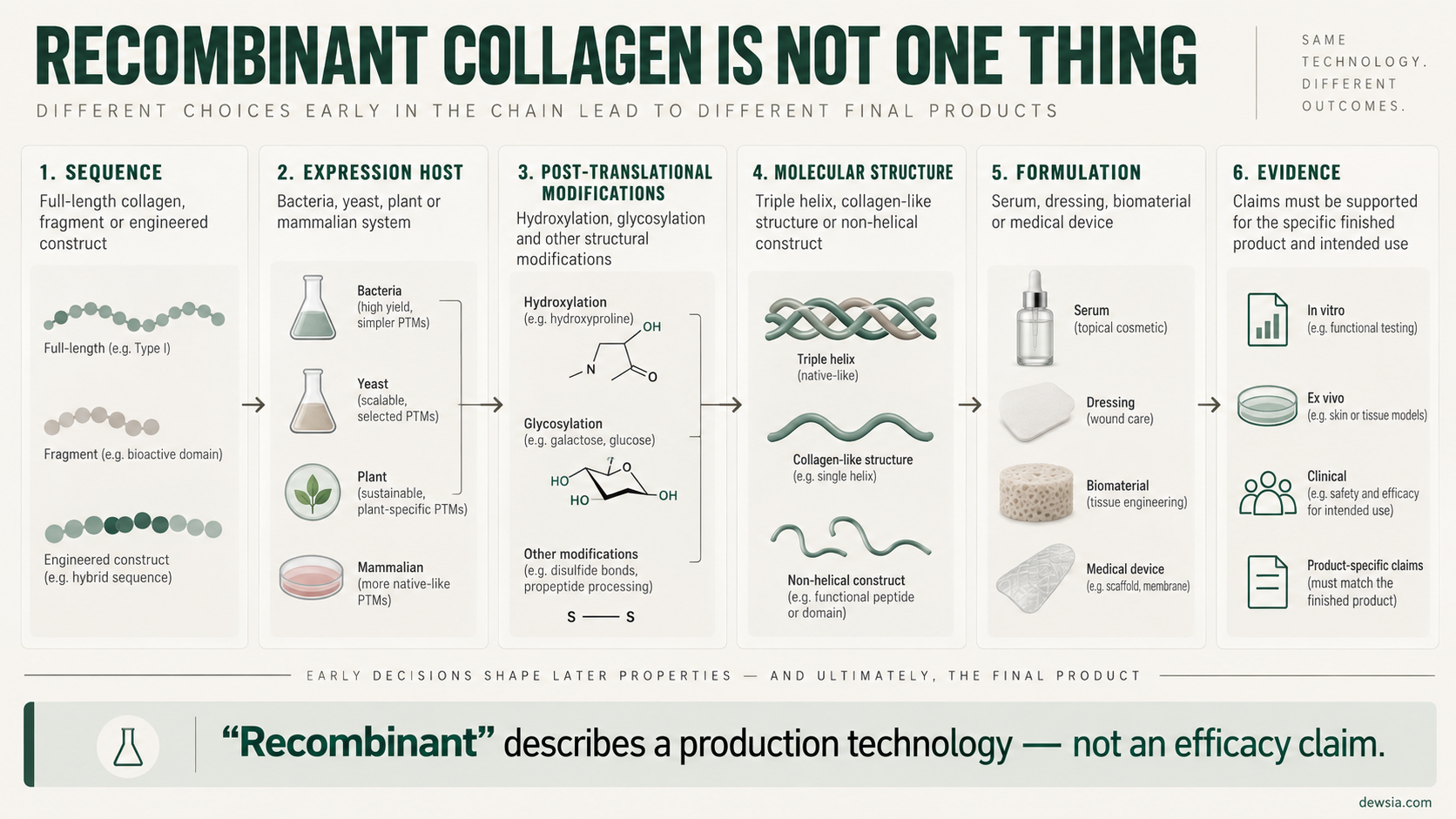 A diagram showing how recombinant collagen differs by sequence, expression host, molecular structure, formulation, and intended use