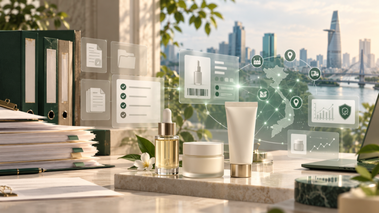 Vietnam cosmetics regulation represented by digital product records, skincare packaging and risk-based regulatory oversight